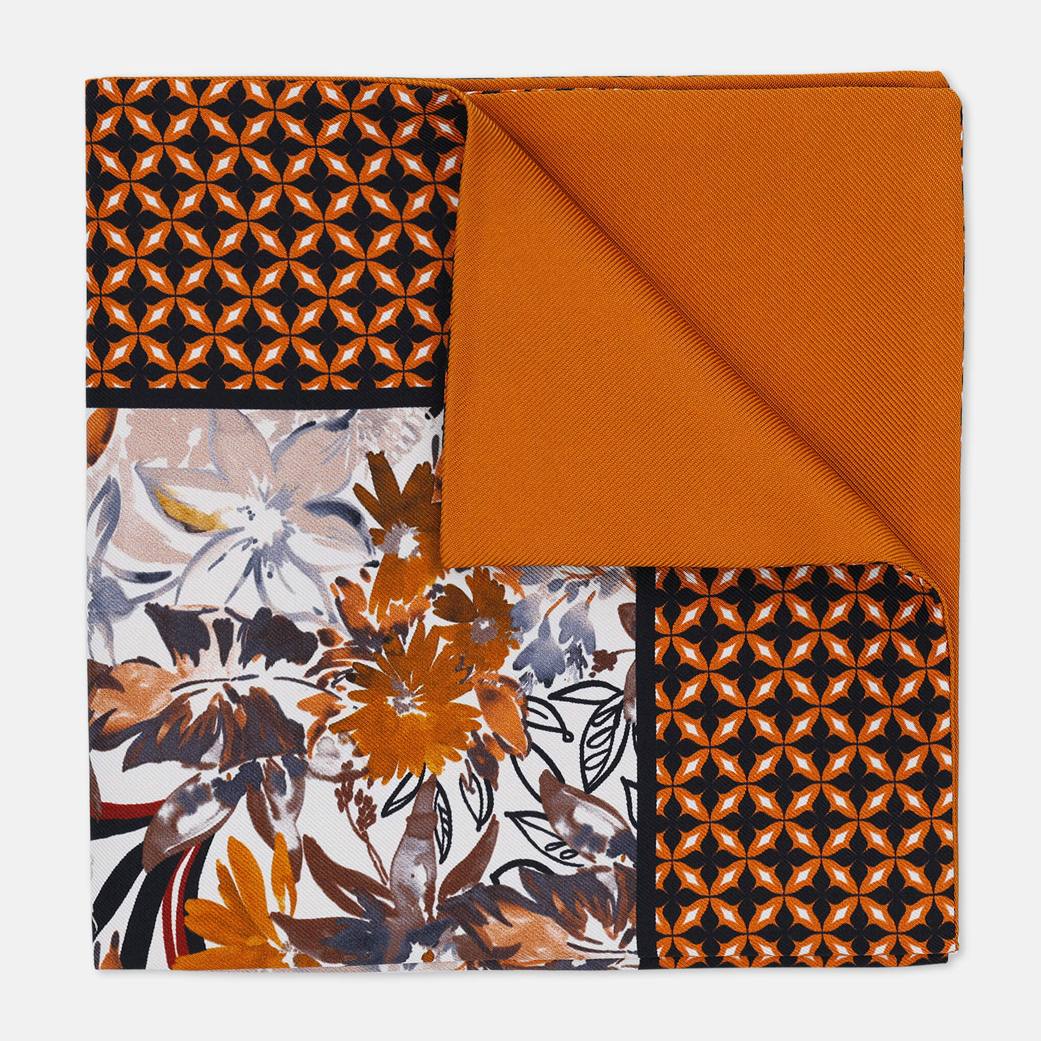 FLORA-BLACK/RUST Pocket Square